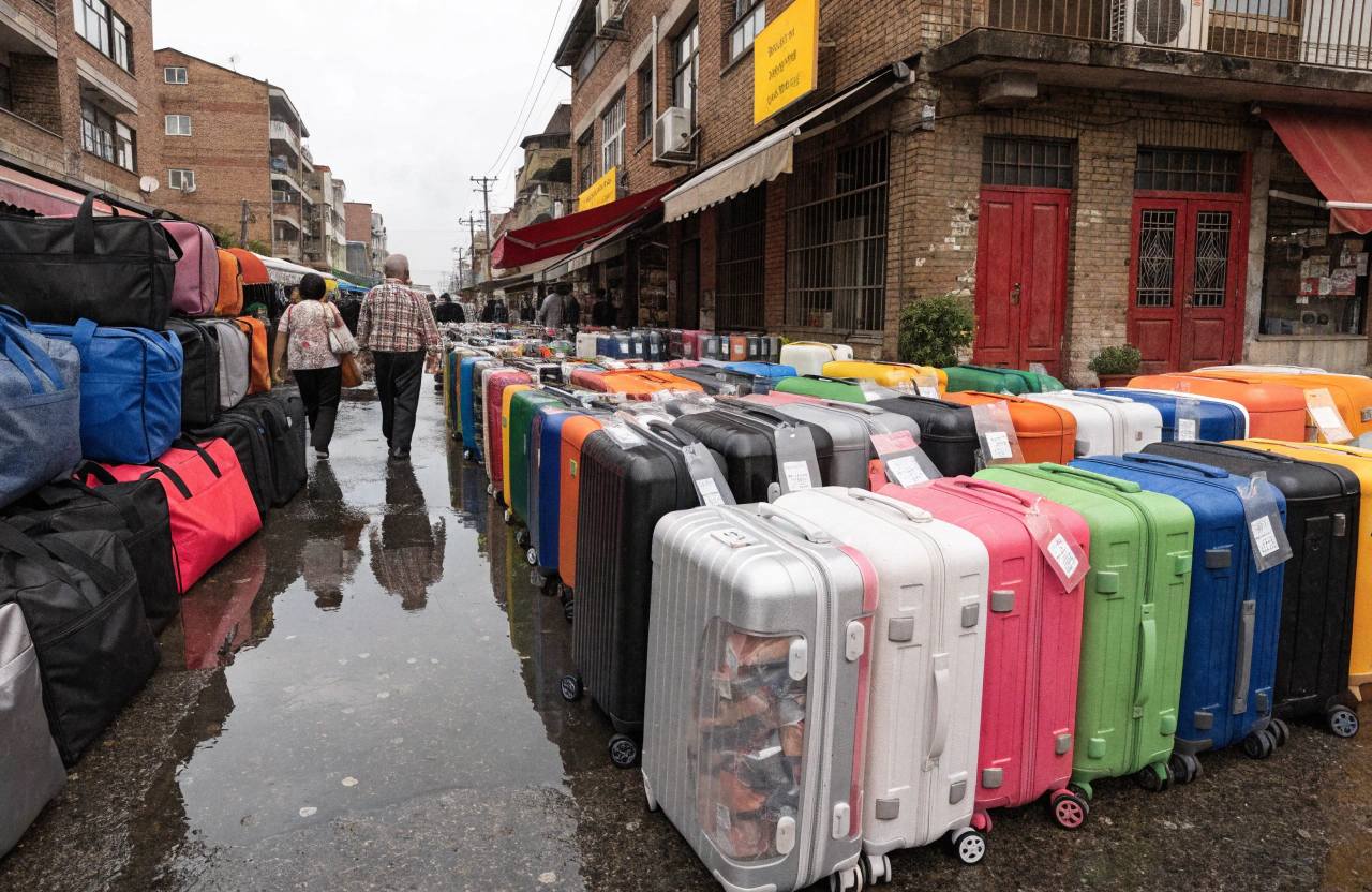 A bustling market filled with very cheap luggage in Baigou