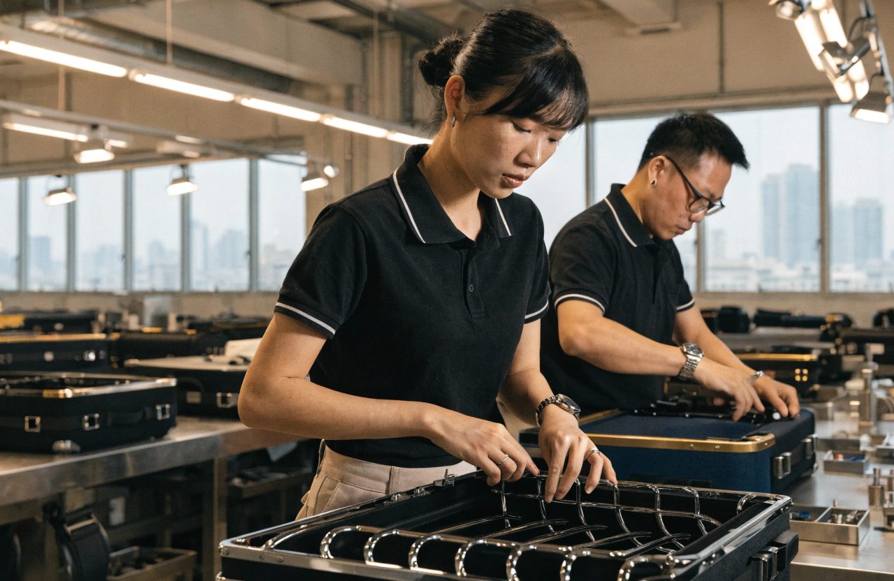 High-end luxury luggage being assembled in a clean factory
