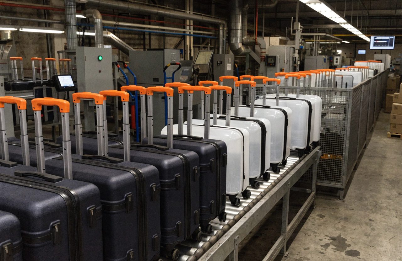 Stacks of colorful hard-shell luggage in a Pinghu warehouse