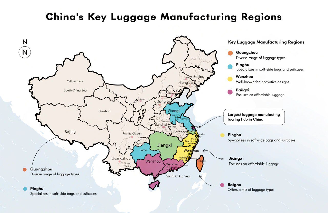 A map of China highlighting different luggage manufacturing regions